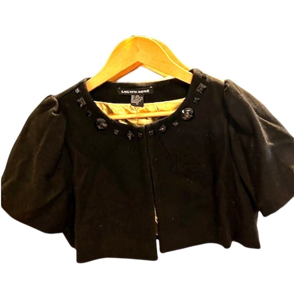 SAKS FIFTH AVENUE Black Cropped Short Blazer Shrug Gold Lined Beaded Wool